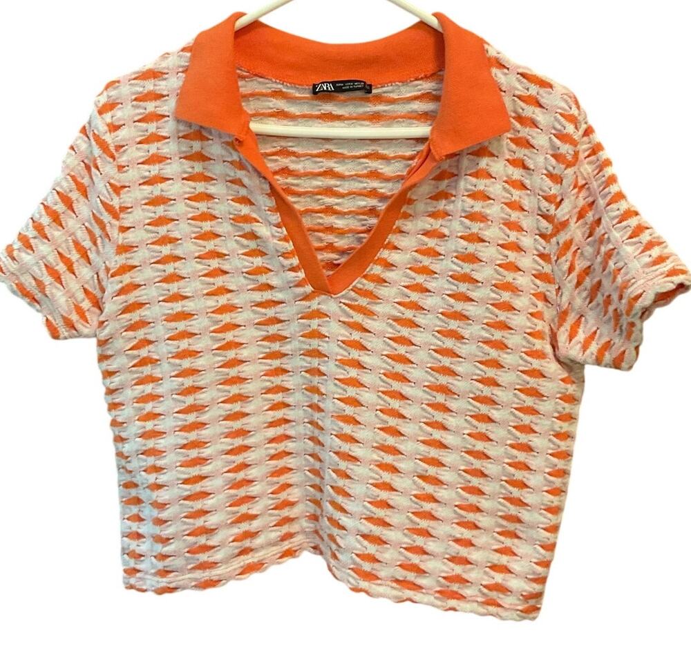 ZARA Orange & White Diamond Shape Cropped Knit Crewneck Jumper Sweater Size M